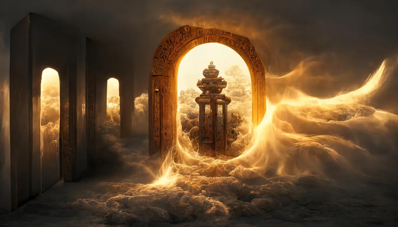 Door frame outlining a relic with clouds