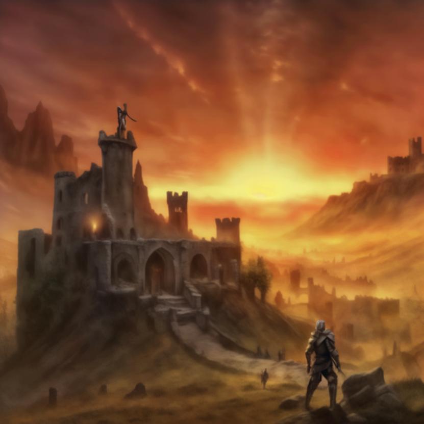 A ruined castle with a player character in the foreground.